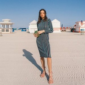 Zara Blue Green & White Vertical Striped Long Sleeve Dress with Ruffle Hem Small